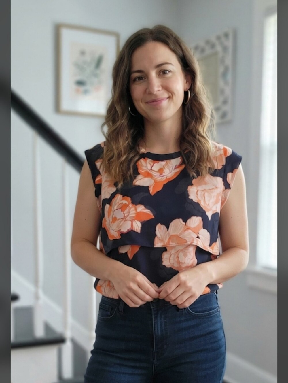CAbi Navy Sleeveless Blouse with Coral and Blush Floral Print Style 5030